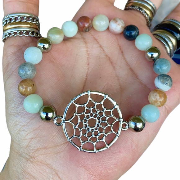 Amazonite gem beads silver dream catcher bracelet - Picture 2 of 11